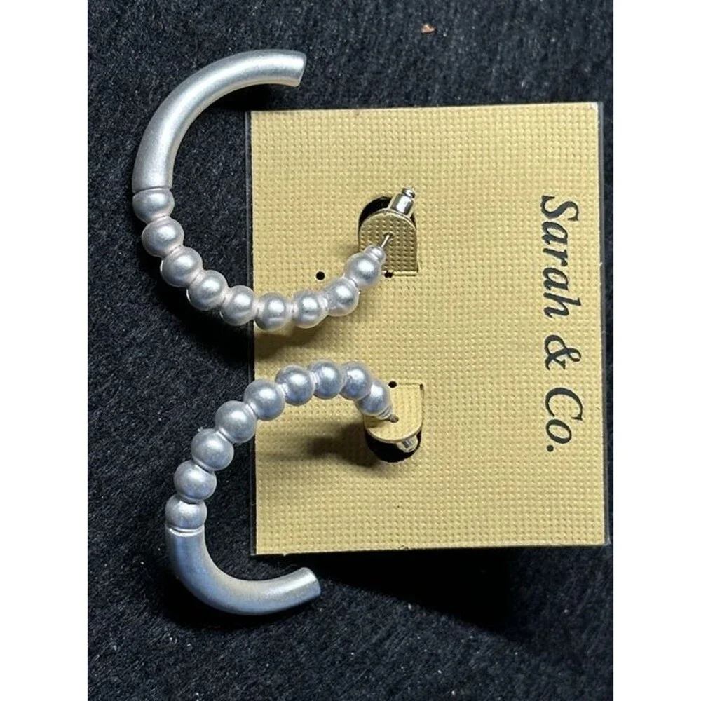 Sarah & Co Silver Tone Textured Bead Half Hoop Earrings Boho Statement Style New